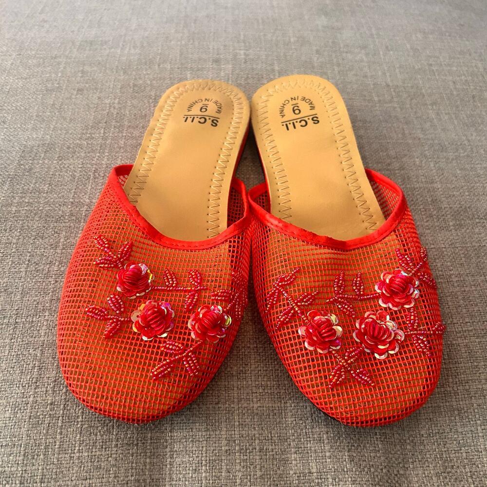 Chinese Lady Slippers Red Mesh Beaded Sequin Floral Mules Y2K Size 9
